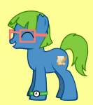 A colorful pony in the cartoony style of, well, My Little Pony: Friendship is magic. It is blue, with short green mane and a longer tail in the same color. It's wearing pink glasses and a watch, with the cutie mark on its back depicting a scroll with a quill. The top of its left ear is missing, as if bitten off.